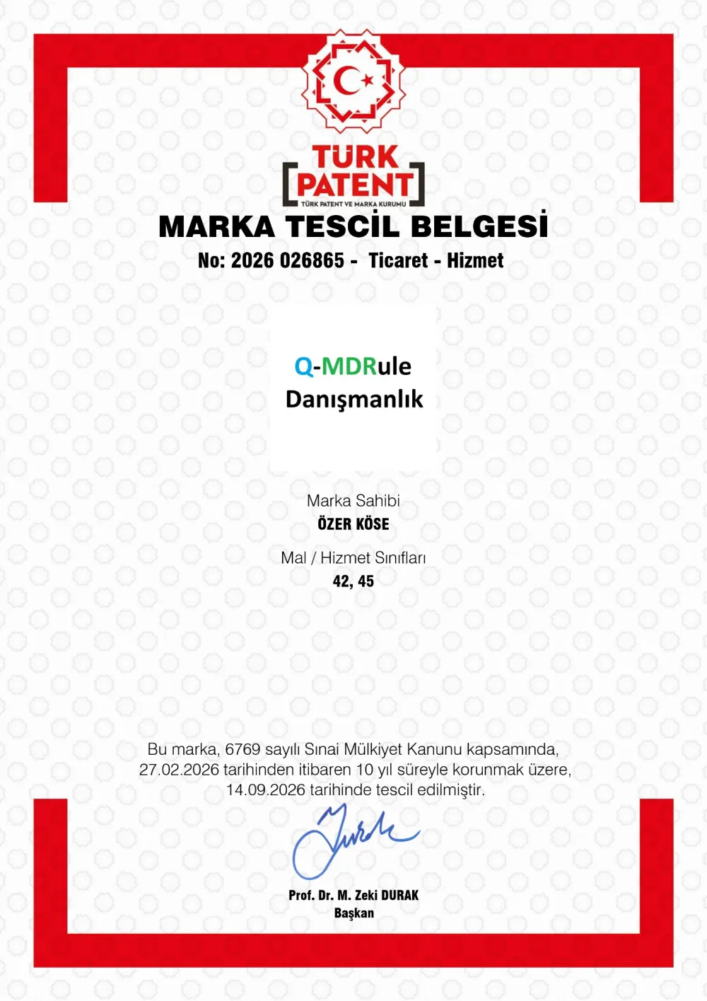 TÜRKPATENT Marka Tescil Belgesi, No 2026 026865